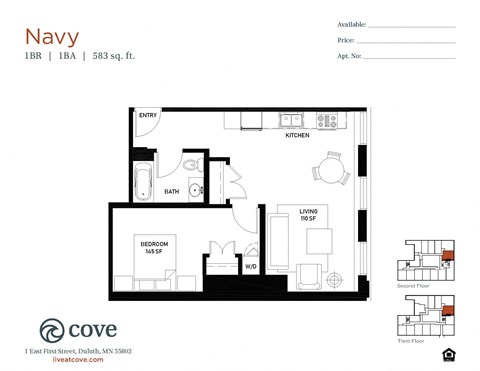 Floor plan for 1 bed, 1 bath, 583 sqft